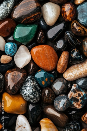 Collection of Colorful Natural Stones Arranged in an Artistic Display on a Da...