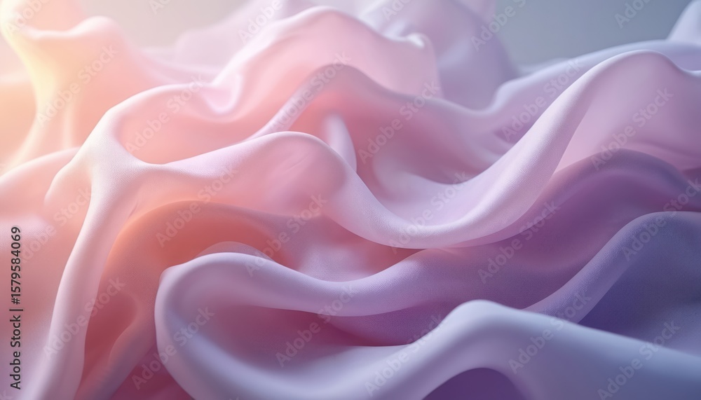Obraz premium Abstract flowing fabric design in soft pastel hues of lavender peach, violet blends seamlessly. Dynamic wavy form suggests movement lightness, elegance for modern backgrounds wallpapers or fashion.