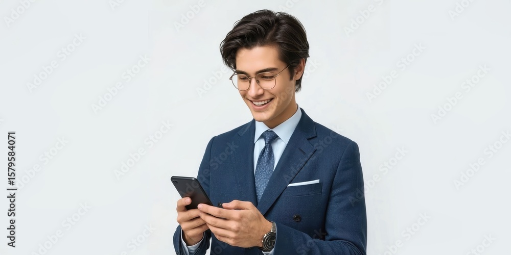 Young businessman in blue suit smiling using smartphone technology com Young businessman in blue suit smiling using smartphone technology com
