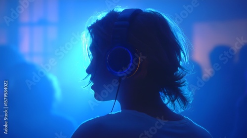 A silhouette of a person wearing headphones, immersed in music at a vibrant, colorful event. The background features soft blue lighting and blurred figures.