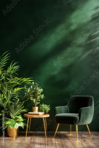 Cozy Living Room Corner With Green Plants and Stylish Armchair Under Warm Light.