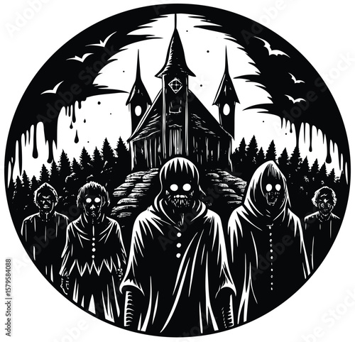 A spooky, dark Halloween night illustration with a black and white skull and a cartoon black cat, featuring a haunted house silhouette, bats, and a full moon