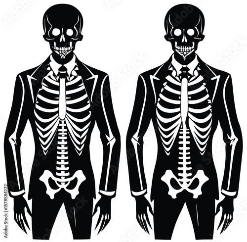 Vector illustration of a human skull alongside stylishly dressed business people in various poses