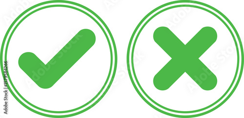 Green check mark and cross symbols inside double green circles on white background