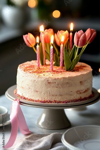 Celebration Cake Adorned With Flowers and Candles on a Festive Table