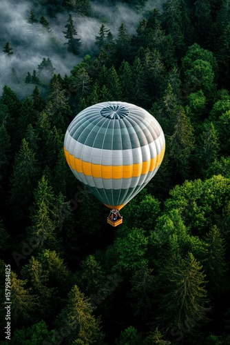 Hot Air Balloon Floats Over Lush Green Forest With Fog in Early Morning Light.