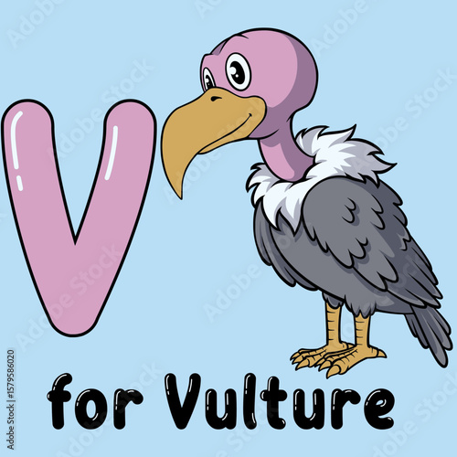 "V is for Vulture: A colorful and educational illustration features a cartoon vulture alongside the letter "V", perfect for early learning materials and engaging children.