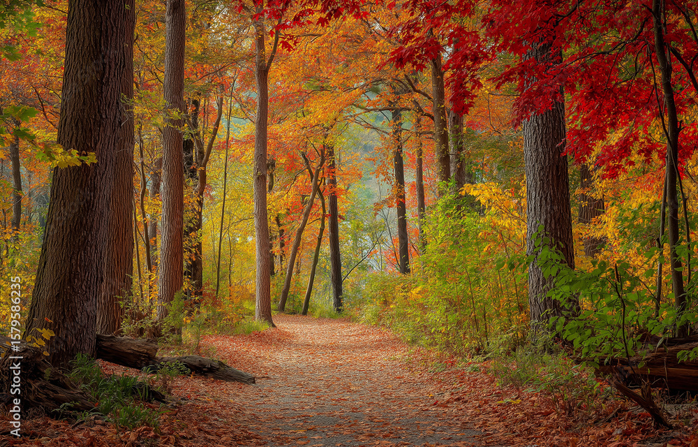 Fototapeta premium A picturesque autumn forest with colorful flowers, a winding path leading through the trees
