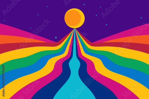 Colorful vector art silhouette illustration of a man with a rainbow sky design