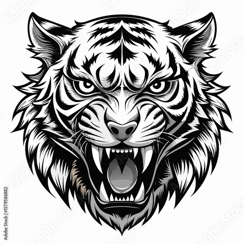 Fierce white tiger head roaring with bared teeth a powerful silhouette isolated on white background