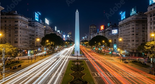 Buenos Aires night view of Avenida 9 de Julio – Long exposures of cars and illuminated obelisk.