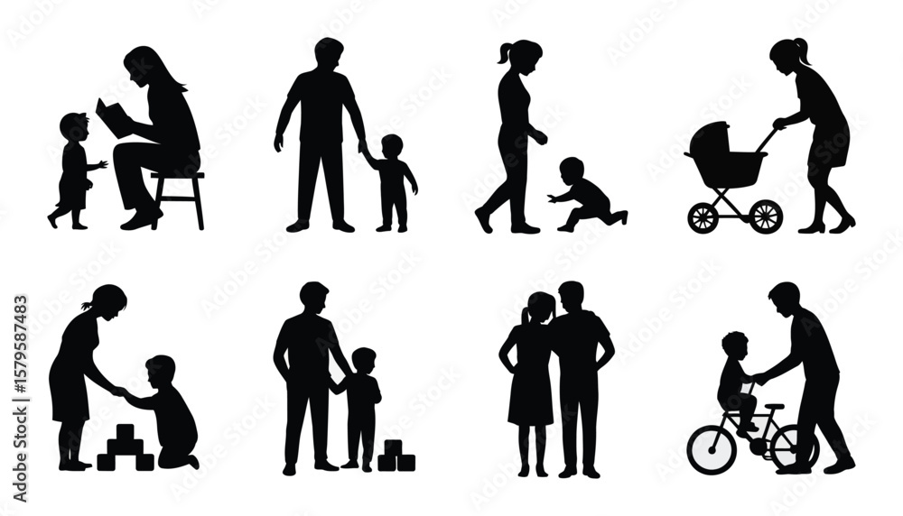 Obraz premium Diverse family silhouettes showcasing parenting activities and childhood moments.