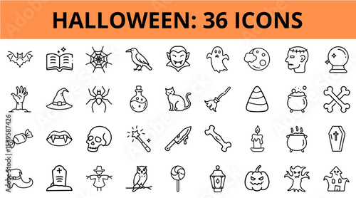 Halloween icons collection featuring ghosts, bats, and spooky symbols  