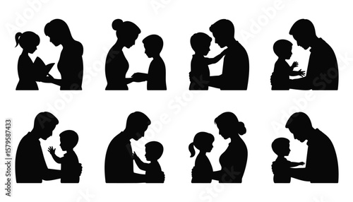 Silhouettes of parents and children sharing tender moments of connection and love.