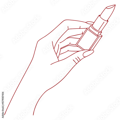Elegant female hand holding a lipstick in a minimalist line art silhouette isolated on white background