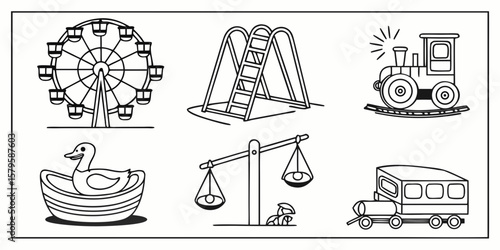 Collection of playful amusement park and transportation icons in a simple line drawing silhouette isolated on white background