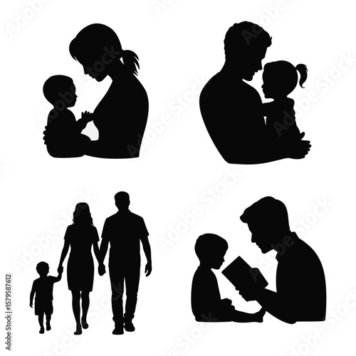 Silhouettes of a loving family with parents and children in various affectionate poses.