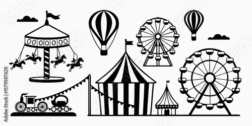Collection of carnival and amusement park attractions silhouette isolated on white background