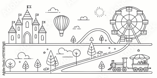 Whimsical amusement park scene with castle ferris wheel hot air balloon and train silhouette isolated on white background