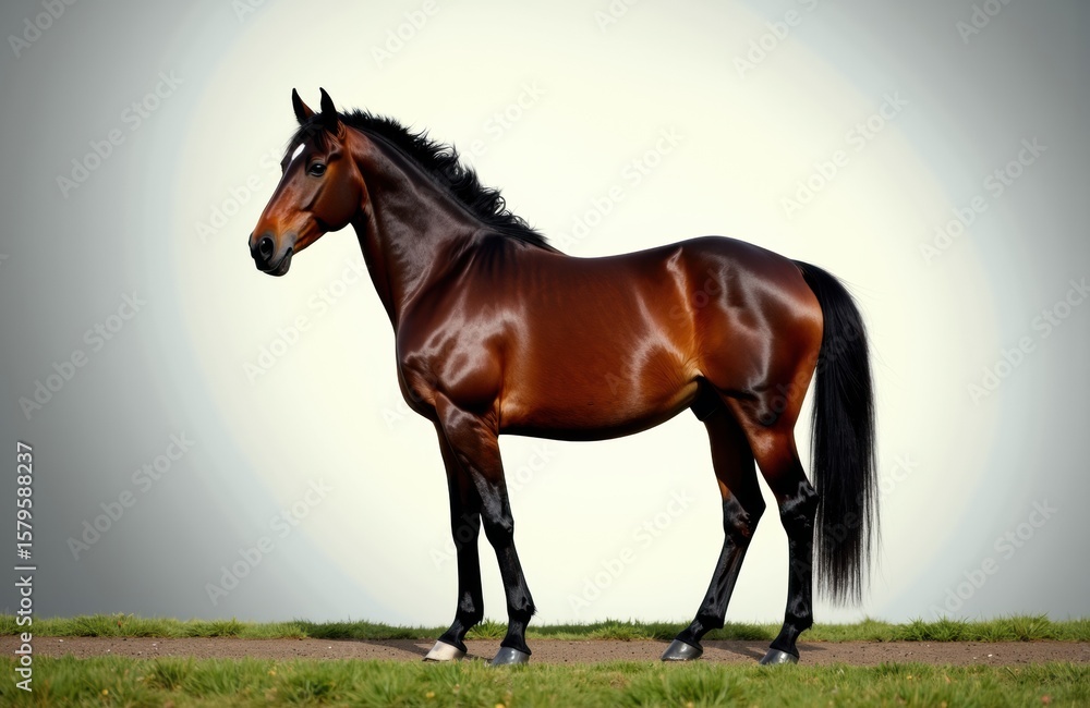 Obraz premium A brown horse standing on grass in a studio setting with a plain background