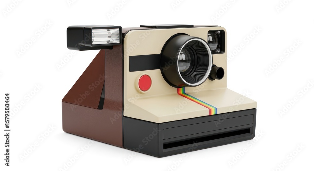 Fototapeta premium A vintage instant camera with a flash attachment, featuring a classic design and rainbow stripe detail.