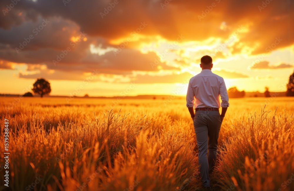Fototapeta premium A man walking through a golden wheat field at sunset with a vibrant sky and dramatic clouds