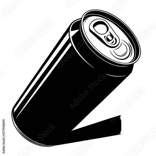 A soda can silhouette shown in a slightly angled 3/4 view, revealing both the side and partial top. The black shape remains simple and bold against a white background.
