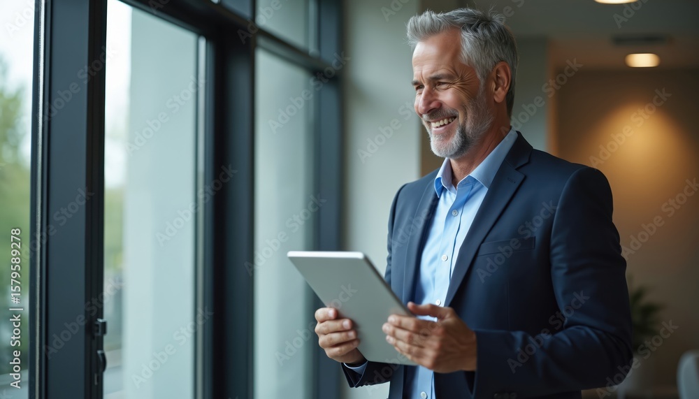 Mature businessman in suit holds digital tablet, smiles looking away. Confident executive uses tech device in modern office. Successful pro, CEO, manager thinking about success, leadership. Mature businessman in suit holds digital tablet, smiles looking away. Confident executive uses tech device in modern office. Successful pro, CEO, manager thinking about success, leadership.