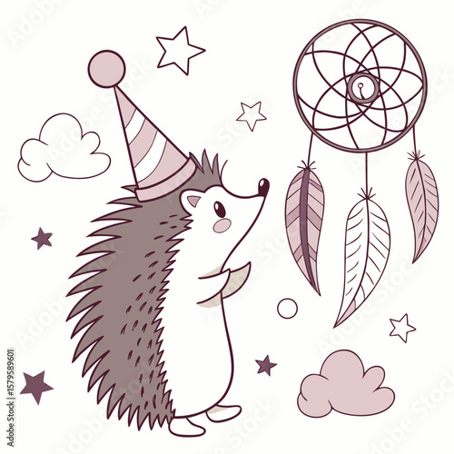 Cute Curious Hedgehog quill, accessorized with wearing a party hat, in a Fantasy dream world – Dreamland palette vector