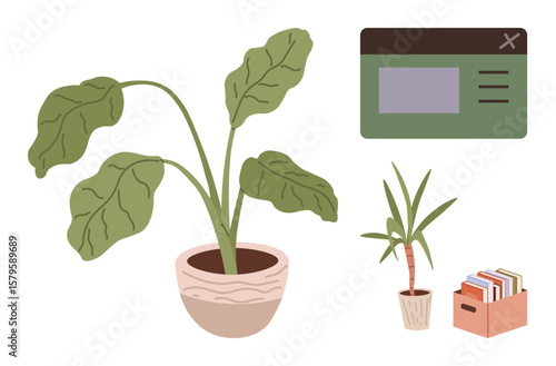 Large leafy plant and smaller potted palm, browser-style desktop window, and book storage box. Ideal for productivity, organization, workspace, learning, nature, relaxation simple flat metaphor