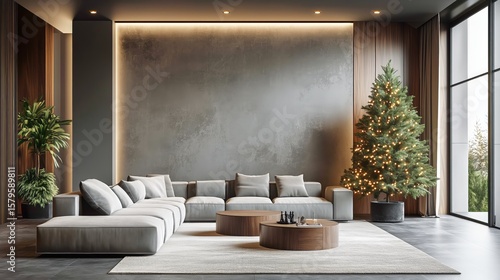 Stylish Modern Living Room With Minimalist Design and Christmas Tree in Winter