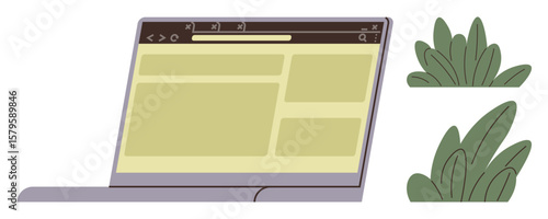 Laptop screen portrays webpage layout with soft green placeholders and corner accents of leafy plants. Ideal for innovation, technology, creativity, web design, eco-tech, digital media, simple flat