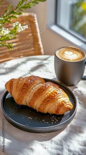 Enjoying a Warm Croissant and Coffee at a Cozy Cafe in the Morning Light