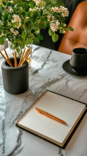Wallpaper Mural Writing Tools and Fresh Flowers Decorate a Marble Table in a Cozy Indoor Space During the Morning Torontodigital.ca