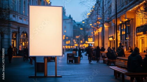 Busy Urban Street at Twilight With Empty Advertising Display and Pedestrians ...