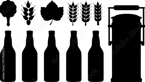 Silhouette collection of iconic beer brands’ bottle and can shapes, displayed side by side with hops, wheat, and brewing tank icons, designed in a cohesive black-on-white vector style ideal for graphi