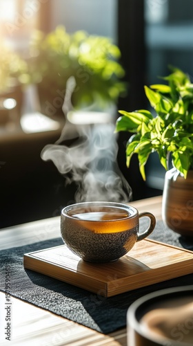 Steaming Tea Poured From a Kettle Into a Warm Cup Near Green Plants in a Cozy...