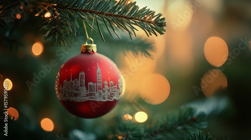 Red Ornament Hanging on Christmas Tree With City Skyline Design and Soft Gold...