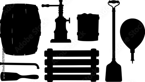 Iconographic silhouette collection of vintage brewing elements, including an old-fashioned beer pump, beer cask, wooden crates, and brewer’s tools like a mash paddle and funnel. Arranged symmetrically
