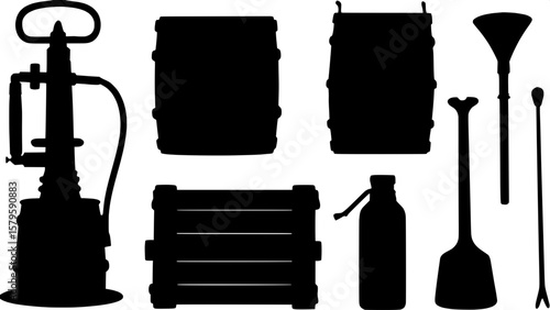Iconographic silhouette collection of vintage brewing elements, including an old-fashioned beer pump, beer cask, wooden crates, and brewer’s tools like a mash paddle and funnel. Arranged symmetrically