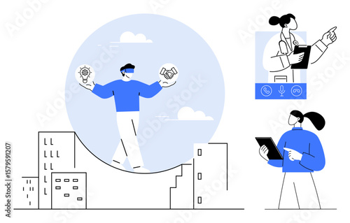 Professional balancing light bulb and handshake over cityscape, virtual doctor consultation, tablet user. Ideal for innovation, collaboration, telemedicine, corporate strategy, modern work
