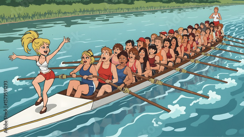 Animated illustration of a rowing team paddling in perfect synchronization during a boat race, showcasing teamwork, strength, and energy on the water.