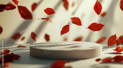 Vibrant Autumn Leaves Drifting Around a Minimal White Platform With Soft Shad...