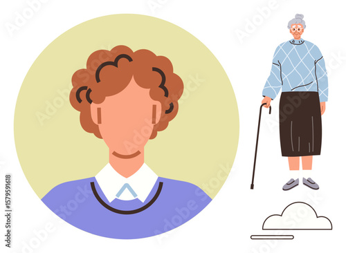 Elderly woman dressed in vintage style holding a cane beside young adult silhouette. Ideal for aging, support, family, caretaking, generational connection, wisdom, health. Simple flat metaphor