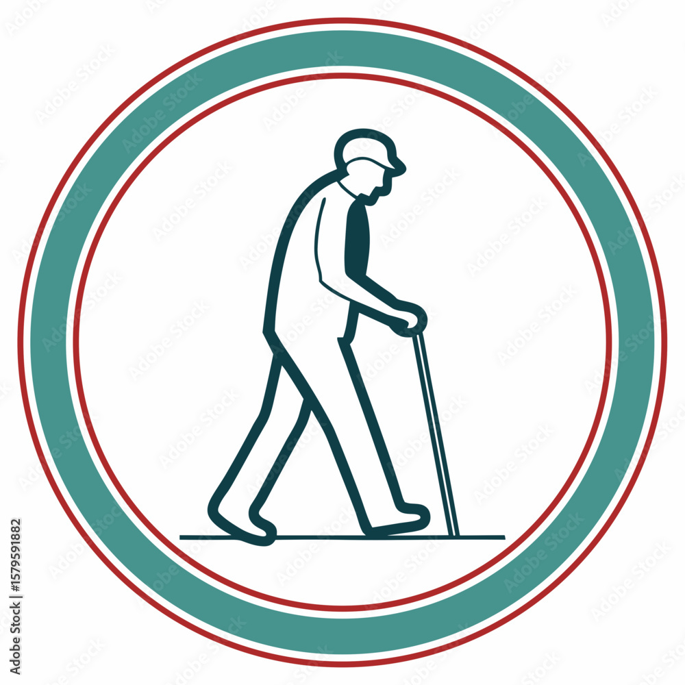 Obraz premium Senior man walking with a cane in a circular outline design 