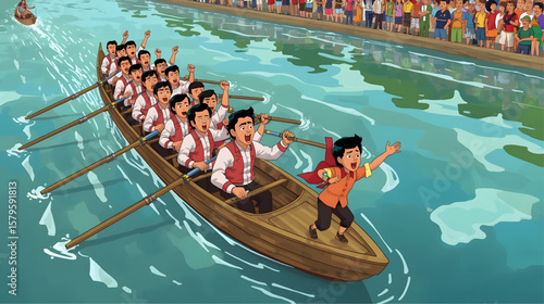Animated illustration of a vibrant traditional rowing boat race with a full team rowing in synchronization, led by a passionate cheerleader at the front, surrounded by a cheering crowd along the water