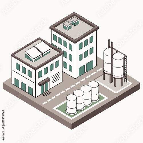 Isometric pharmaceutical manufacturing plant with storage tanks and buildings  