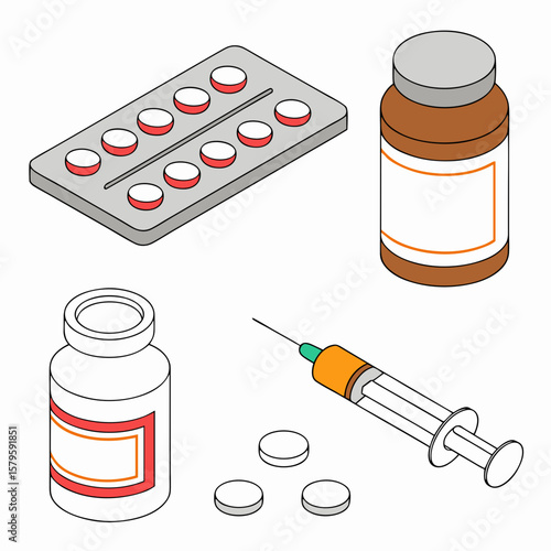 Isometric pharmaceutical illustration of medicine and syringe  