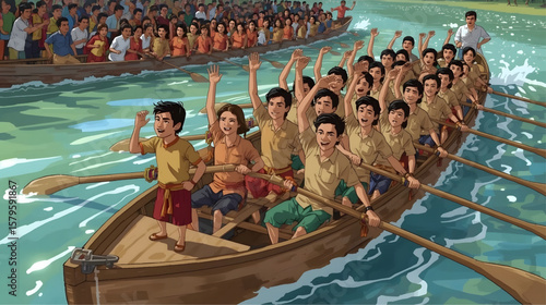 Animated illustration of a vibrant traditional rowing boat race with a full team rowing in synchronization, led by a passionate cheerleader at the front, surrounded by a cheering crowd along the water