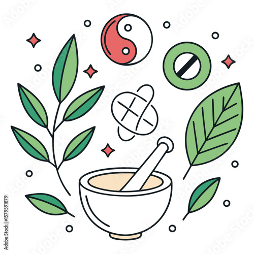 Alternative medicine symbols with mortar, pestle, and herbs  